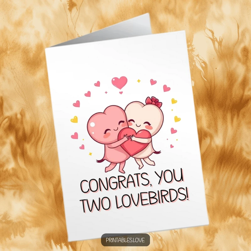 Funny Free Printable Hugging Hearts Congratulations Card: Two hearts hugging amidst sparkles, celebrating togetherness and success.