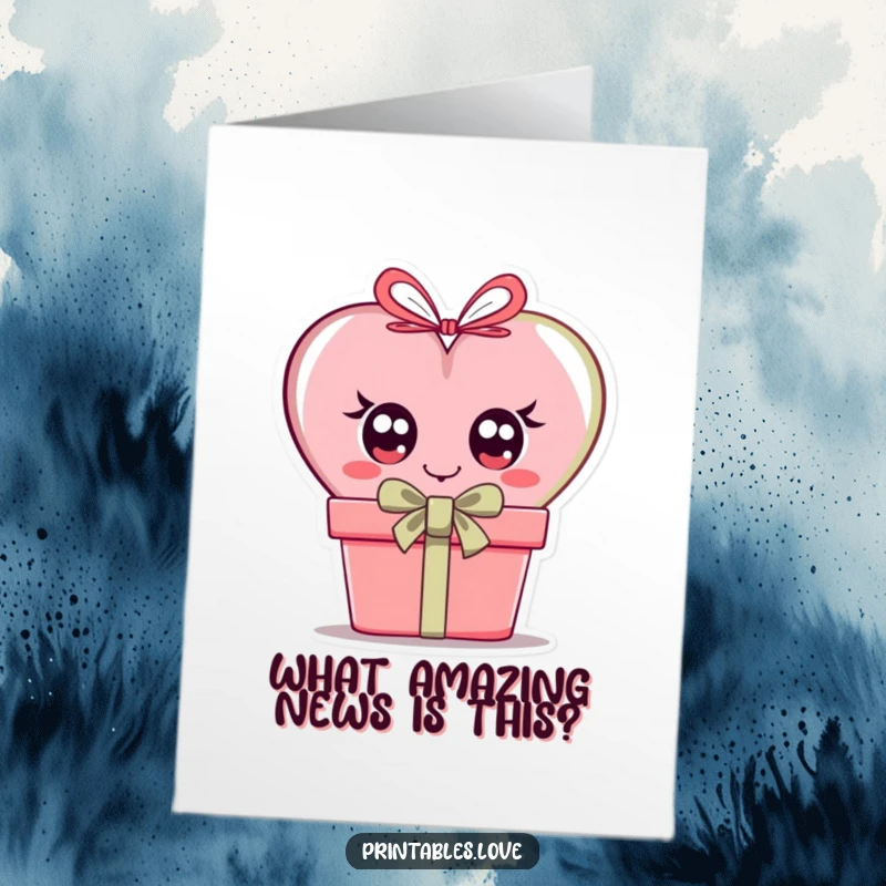 Funny Free Printable Congratulations Card: A heart with wide, curious eyes peeking from behind a gift, anticipating good news.