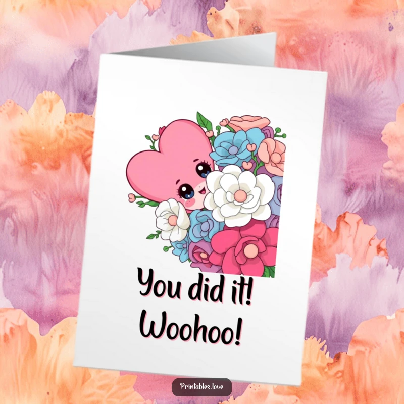 Funny Free Printable Congratulations Card showing a heart character peeking from behind a massive bouquet, perfect for sending best wishes.