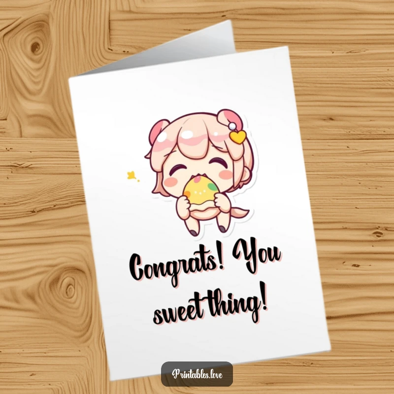 Funny Free Printable Congratulations Card: A delightful Kawaii character joyfully eating a colorful sweet treat, celebrating a sweet success.