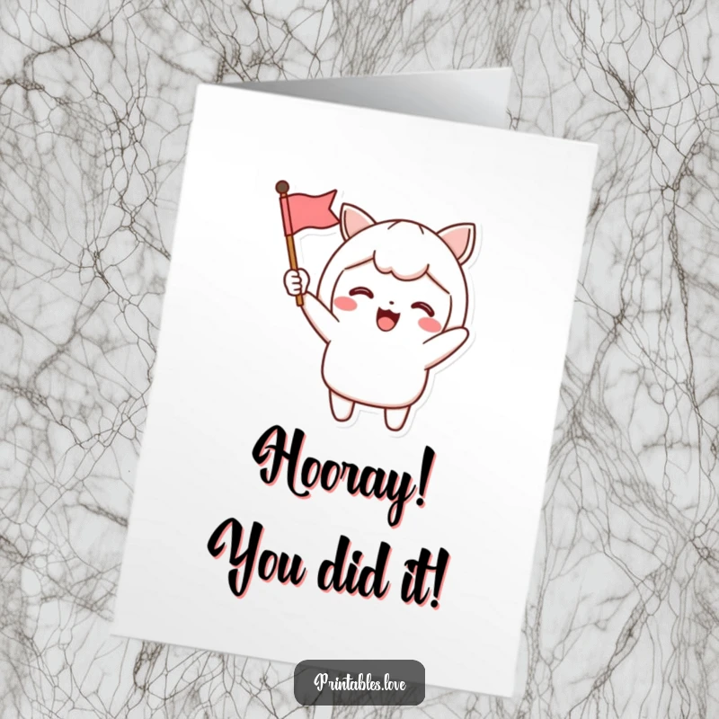 Funny Free Printable Congratulations Card: Kawaii character excitedly waving a small flag, celebrating a triumphant moment with glee.