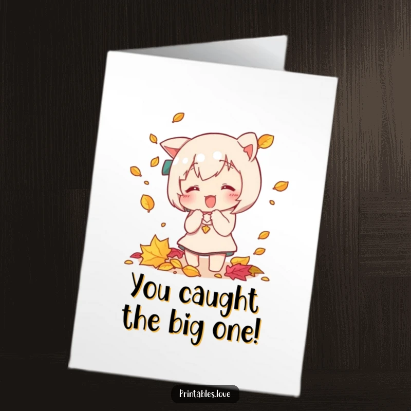 Free Printable Congratulations Card showing a happy Kawaii character playfully catching colorful falling leaves, perfect for any achievement.