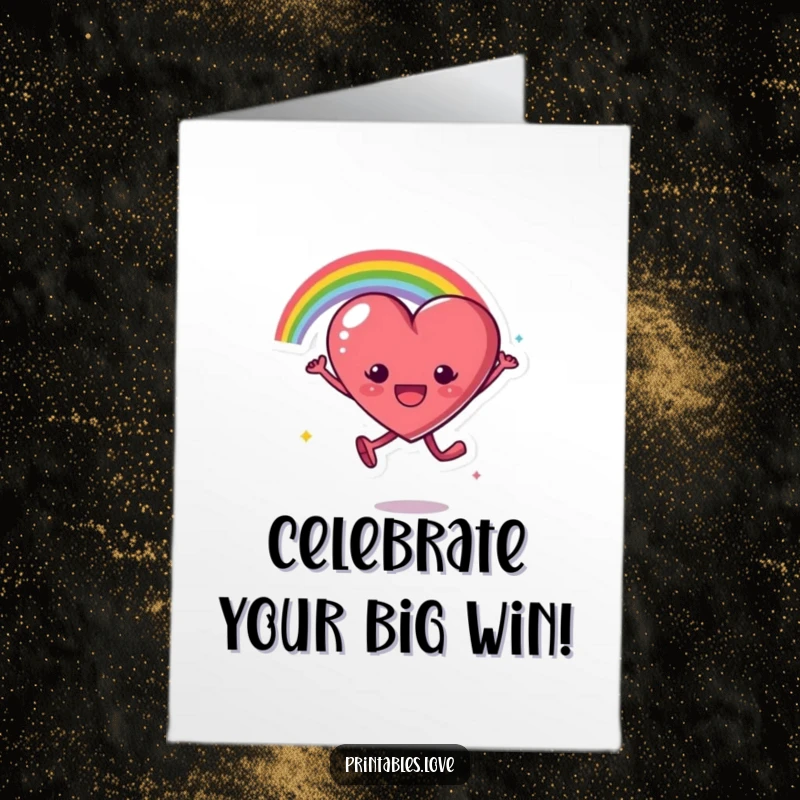 Funny Free Printable Congratulations Card: A heart character leaps with excitement, trailing a vibrant rainbow arc in celebration.