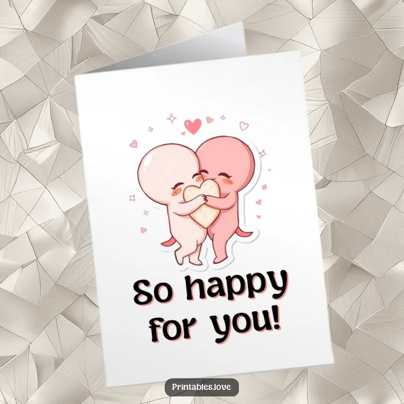 Funny Free Printable Congratulations Card: Two heart characters embrace tightly, adorned with sparkling, swirling lines of celebration.