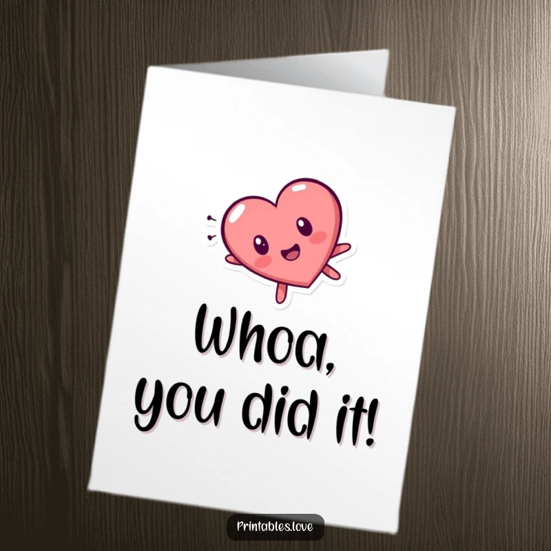 Funny Free Printable Congratulations Card, a heart character tumbling head over heels with a wide-eyed surprised expression, celebrating joyously.
