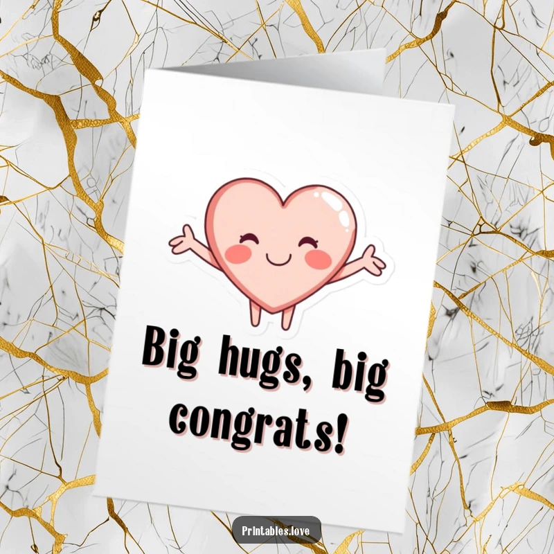 Funny Free Printable Congrats Card: A joyful heart character offering a big, warm hug to celebrate success.