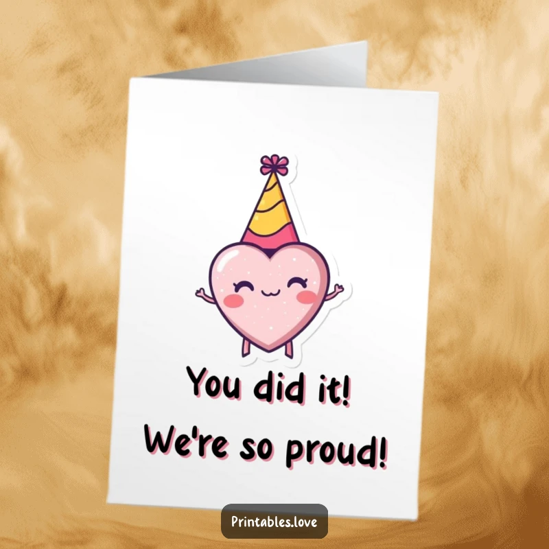Funny Free Printable Congratulations Card: A tiny heart wearing a party hat spins excitedly, celebrating a big win! Downloadable gift.