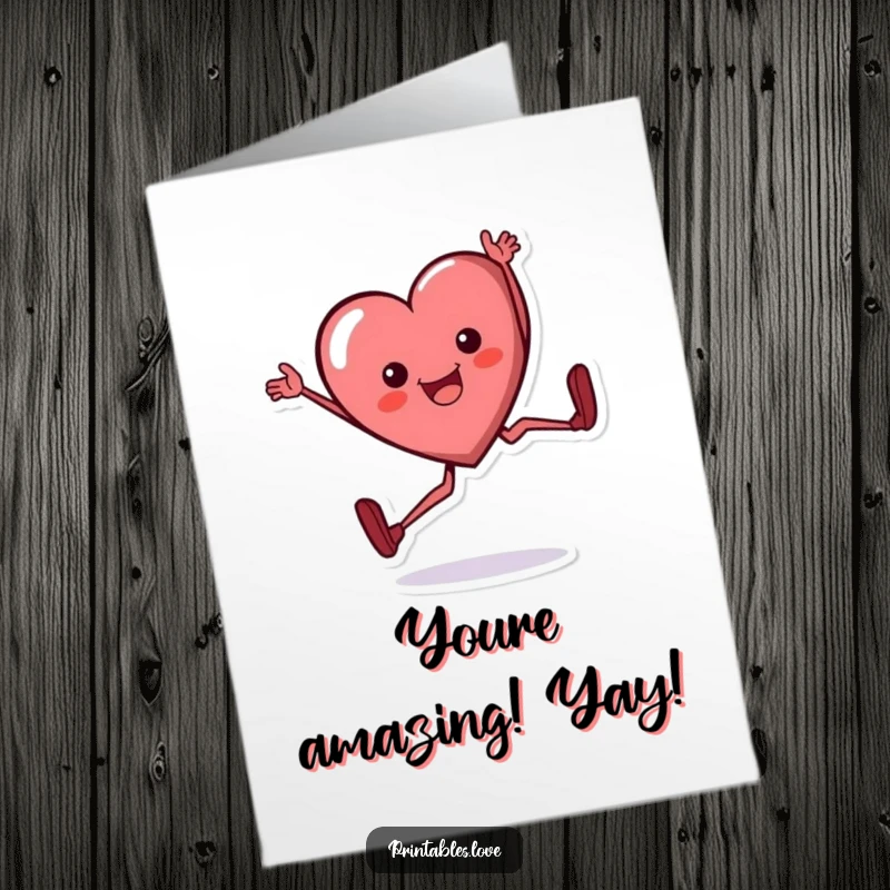 Funny Free Printable Heart Congrats Card: A heart character doing a cartwheel with a very happy expression, cheering for good news.