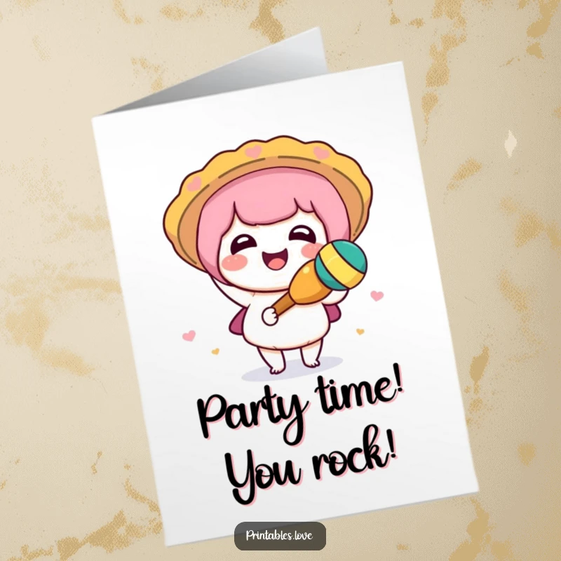 Funny Free Printable Congrats Card: Adorable Kawaii character enthusiastically shaking a maraca to celebrate achievements.
