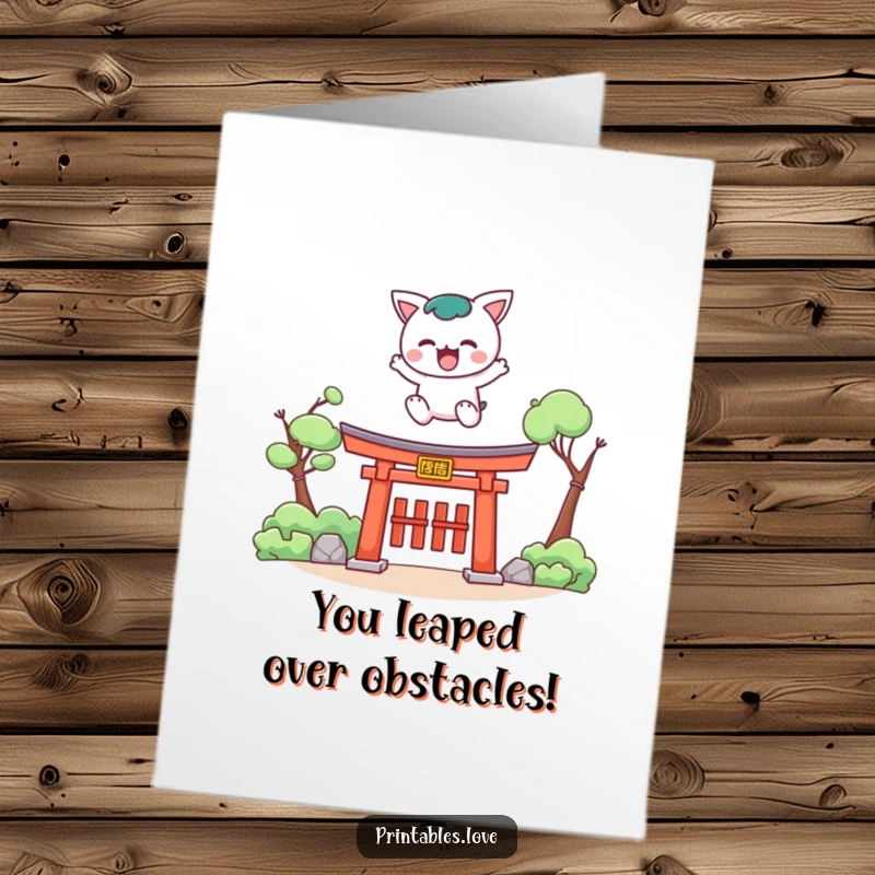 Funny Free Printable Congrats Card: Kawaii character joyfully leaping over a torii gate to mark a significant achievement.