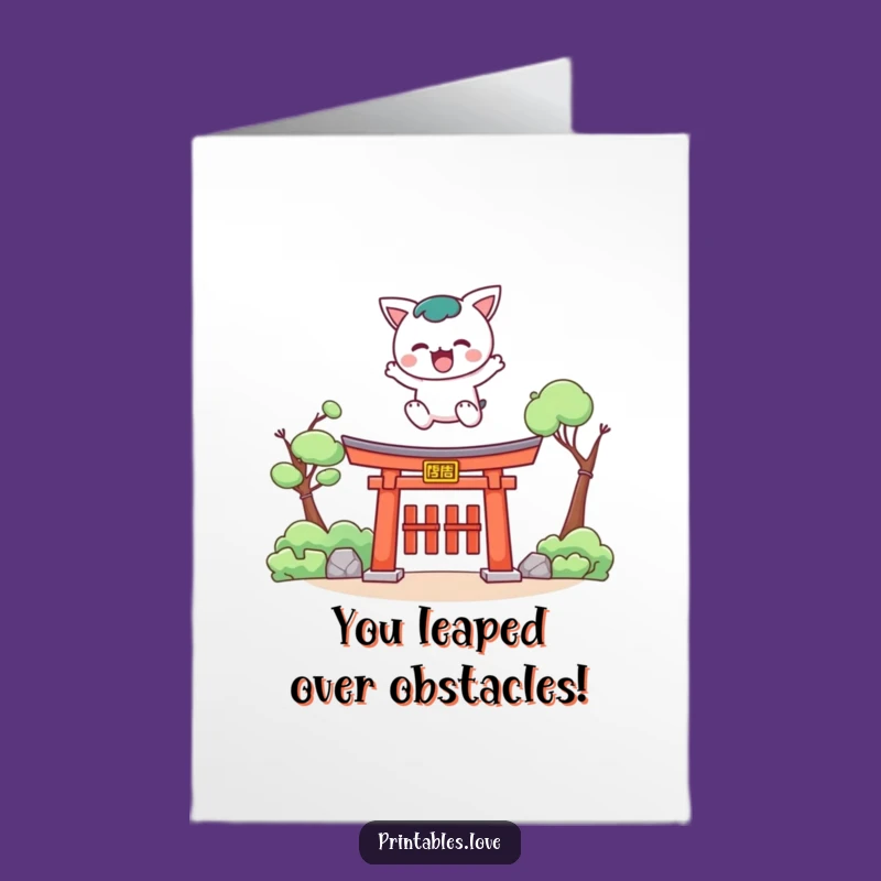 Free Printable Kawaii Congrats Card: Leap Over Torii Funny Downloadable Gift