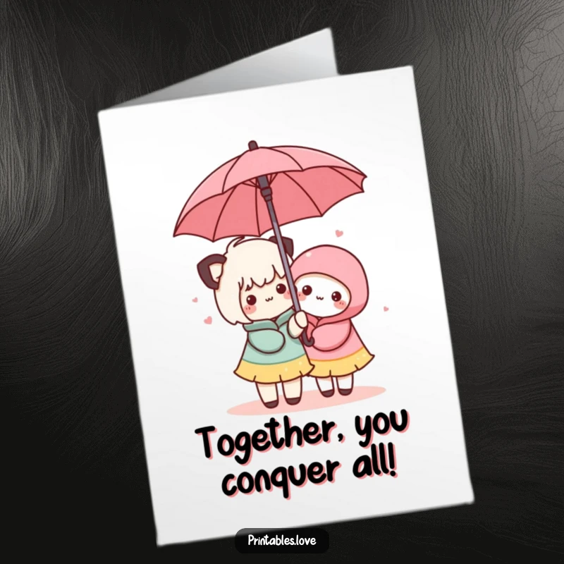 Funny free printable congratulations card of Kawaii friends sharing an umbrella, celebrating a joint achievement.