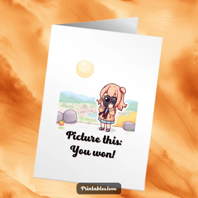 Funny free printable congratulations card of a Kawaii character ready to take a photo with a camera in a beautiful landscape.