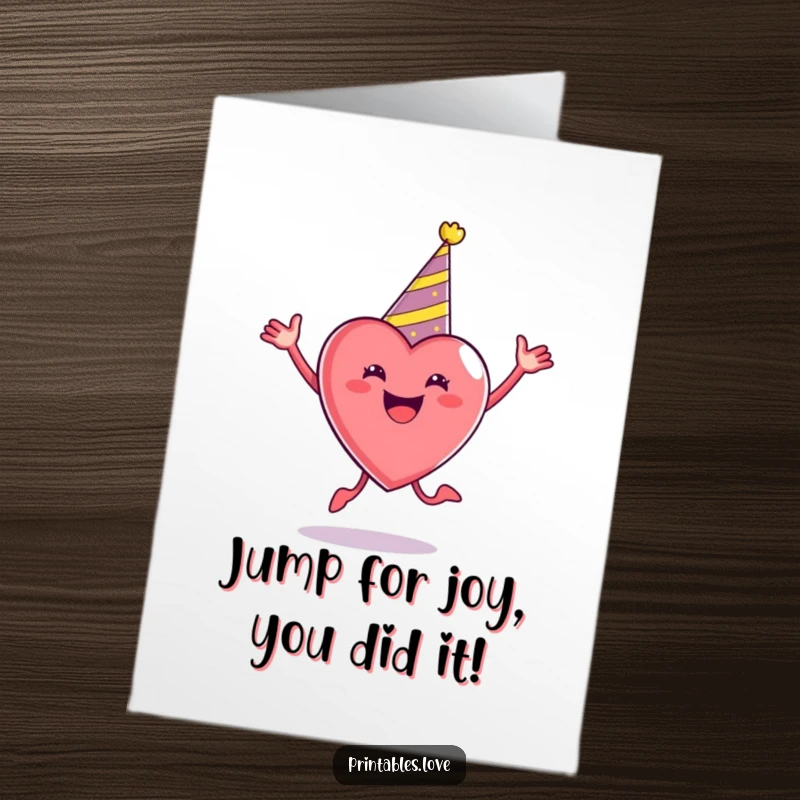 Free Printable Congratulations Card: A heart wearing a jaunty party hat, enthusiastically jumping high in celebration.