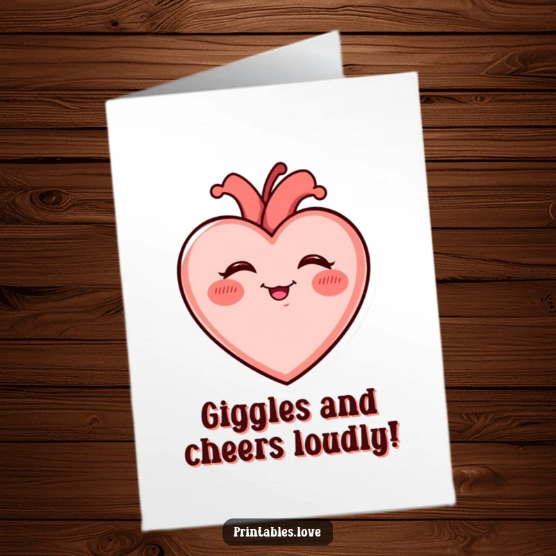 Free Printable Congratulations Card: A round heart with flushed rosy cheeks, giggling uncontrollably with pure delight.