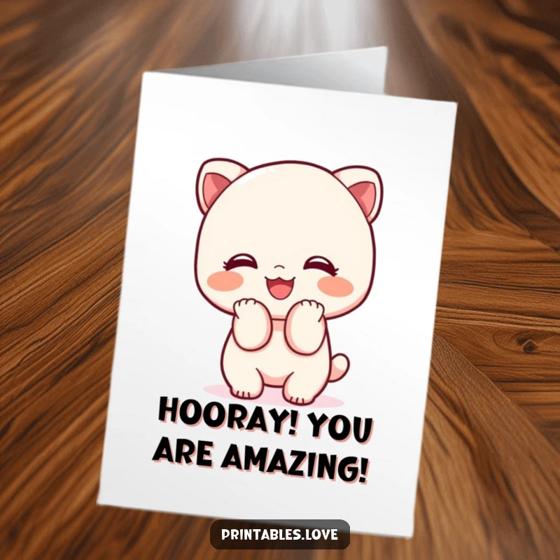 Funny Free Printable Congrats Card: Kawaii character’s sweet, adorable bow with an infectious big smile celebrates your success.