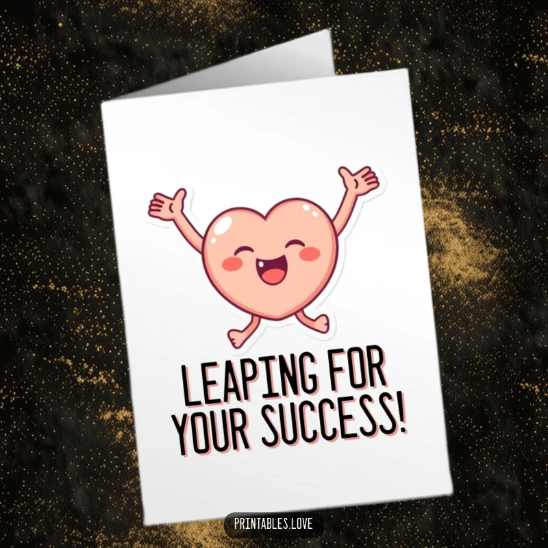 Funny Free Printable Congratulations Card: A small, round heart character leaping with glee, arms outstretched in celebration of good news.