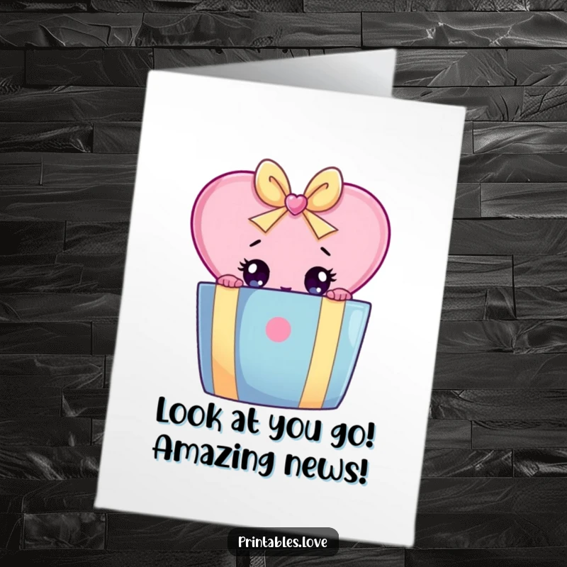 Funny Free Printable Congratulations Card: A heart character with wide, excited eyes peeks from behind a large gift box. Downloadable.