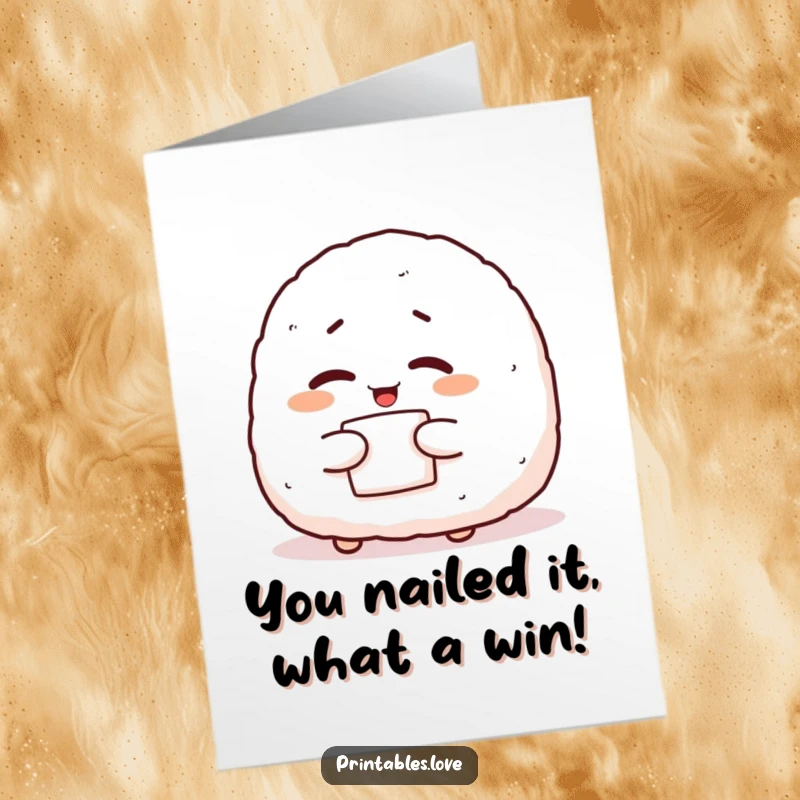 Funny Free Printable Congratulations Card: Giggling onigiri character winking with nori, a clever downloadable design.