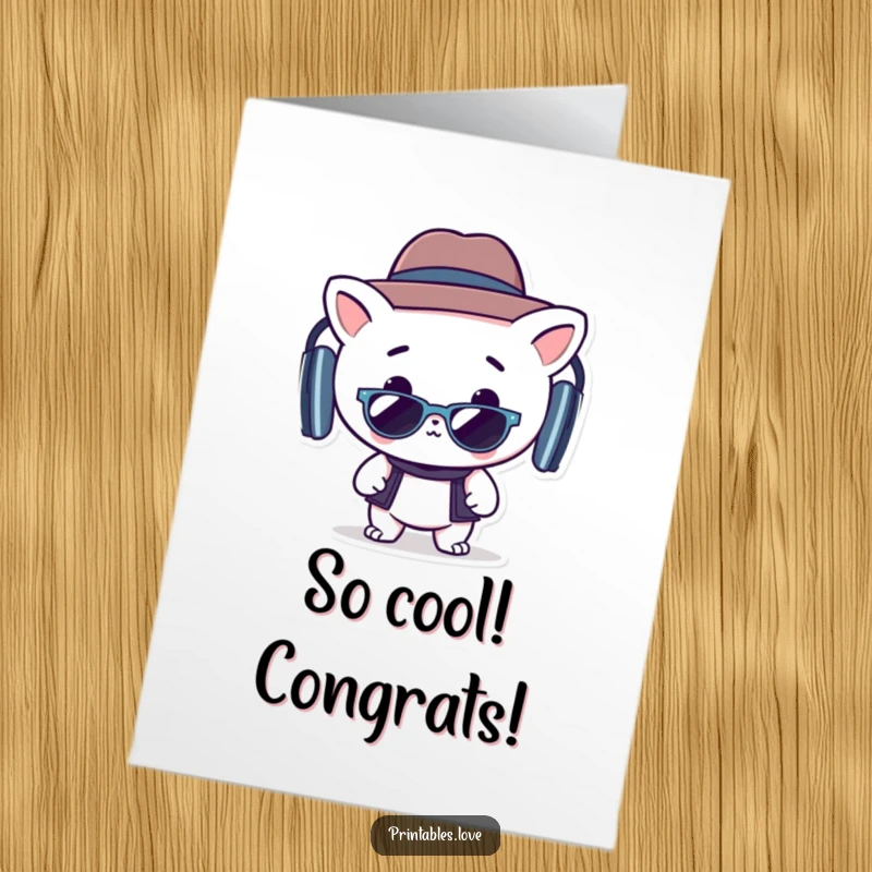 Free Printable Congratulations Card: A stylish Kawaii character in sunglasses and hat, grooving happily.