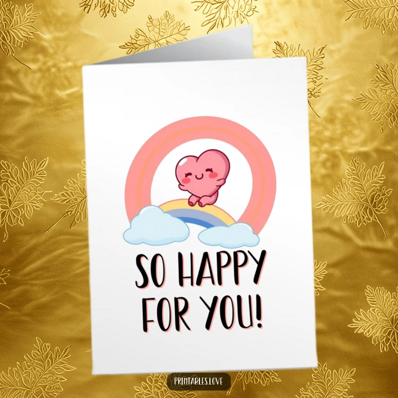 Funny Free Printable Congratulations Card featuring a rosy-cheeked heart character sliding gleefully down a colorful rainbow.