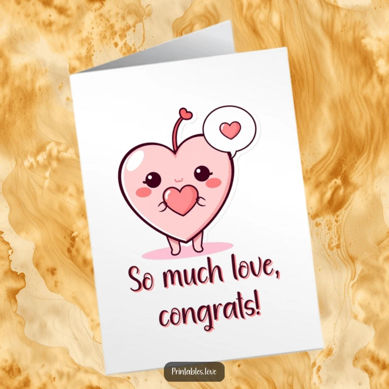 Funny Free Printable Heart Congrats Card: A happy heart character holding a speech bubble with a tiny heart, cheering for success.