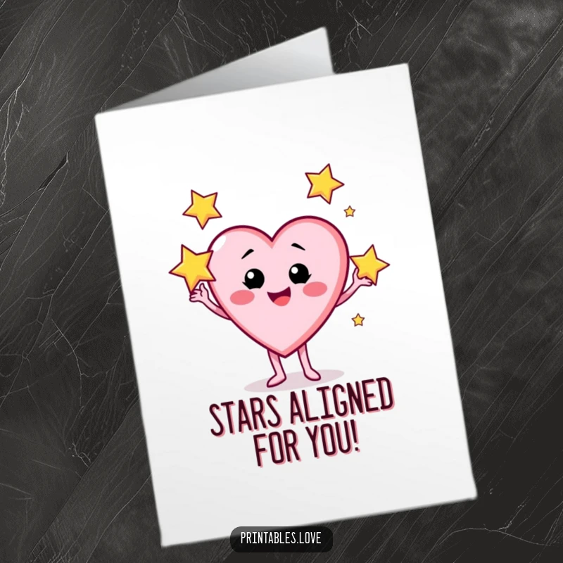 Funny Free Printable Congratulations Card featuring a cheerful heart character gleefully juggling sparkling stars, perfect for celebrating success.