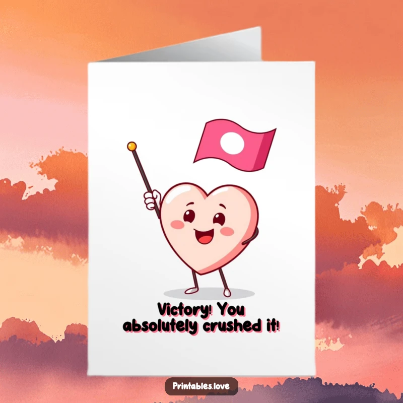 Funny Free Printable Congratulations Card: A smiling heart character enthusiastically waves a mini flag, celebrating an achievement. Downloadable.
