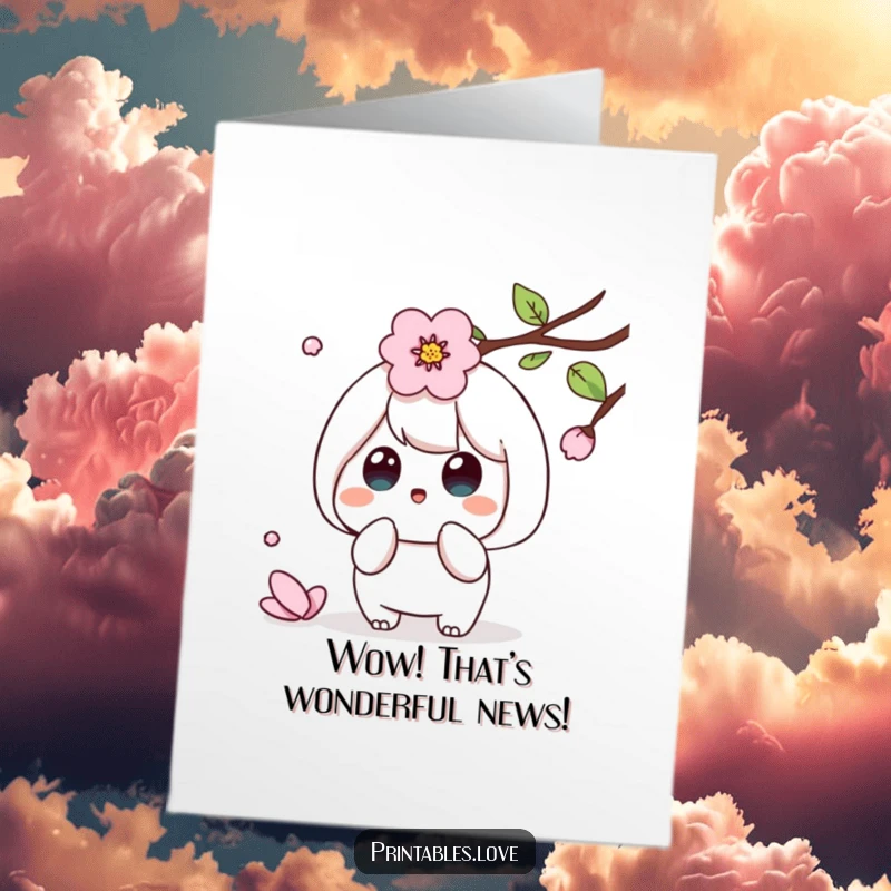 Funny Free Printable Congrats Card: Kawaii character’s gentle surprise at a falling cherry blossom petal, a moment of tender humor.