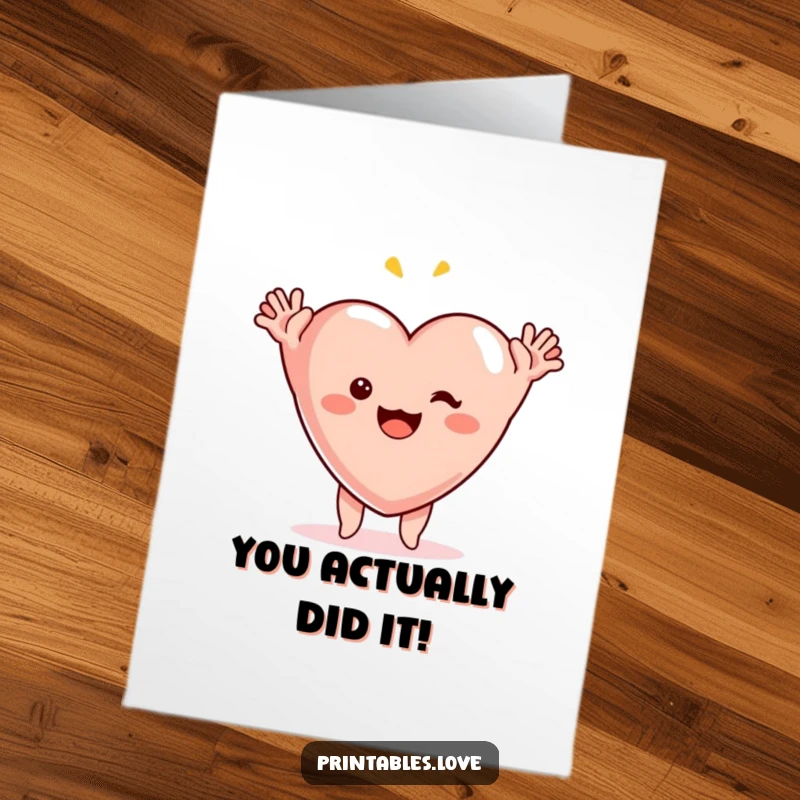 Funny Free Printable Congratulations Card: A cartoon heart throws arms up in shock and joy, perfect for celebrating big wins.