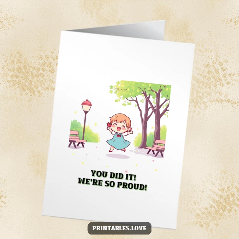 Funny free printable congratulations card of a happy Kawaii character dancing exuberantly in a park, celebrating success.