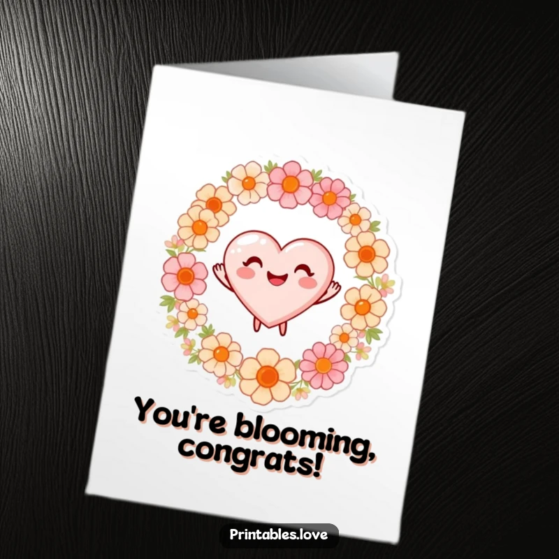 Funny Free Printable Congratulations Card: A beaming heart dancing happily around a ring of beautiful, vibrant flowers.