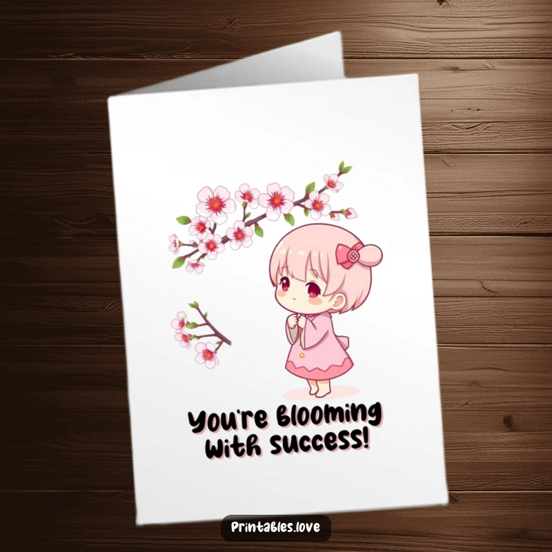 Free Printable Congratulations Card showing a charming Kawaii character admiring a vibrant cherry blossom branch, symbolizing new growth.