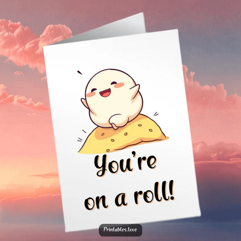 Funny Free Printable Congrats Card: A dumpling character joyfully rolls down a hill, symbolizing a successful and exciting journey.