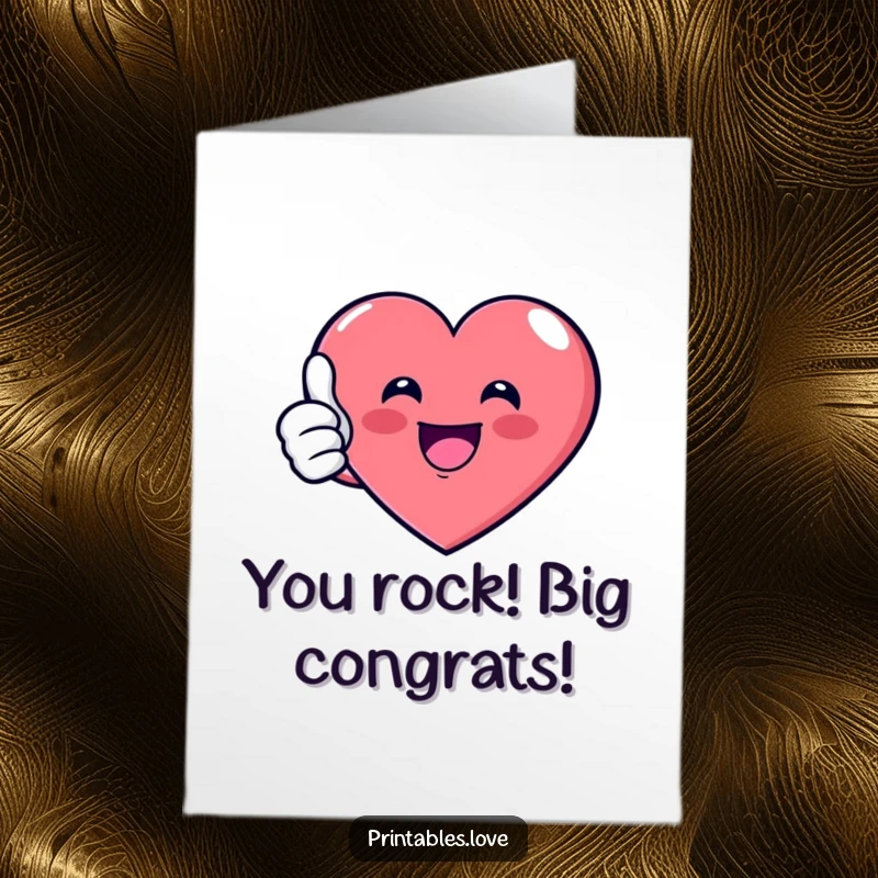 Funny Free Printable Congratulations Card showing a joyous heart giving an enthusiastic thumbs up, perfect for achievements.