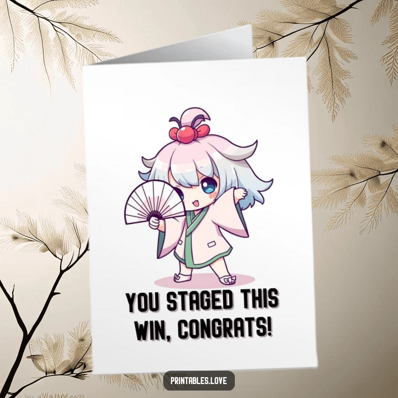 Funny Free Printable Congratulations Card: Kawaii character striking a dramatic pose with a fan, celebrating a grand achievement.