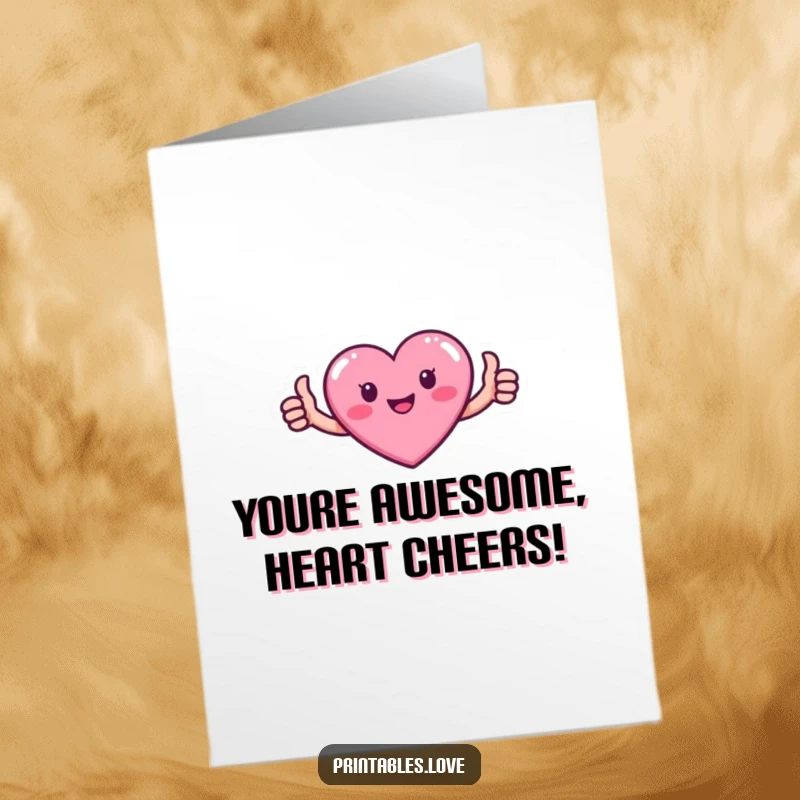 Funny free printable congratulations card: a small pink heart gives a cheerful thumbs up, celebrating success.