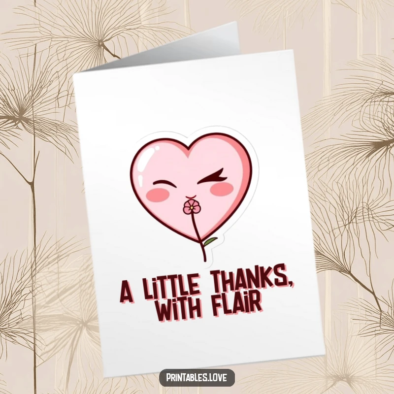 Funny Free Printable Thank You Card: A sweet heart winks playfully, offering a flower and a heartfelt thank you.