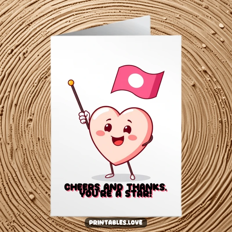Funny Free Printable Thank You Card: A smiling heart character waves a small flag with joy, conveying thanks. Downloadable.