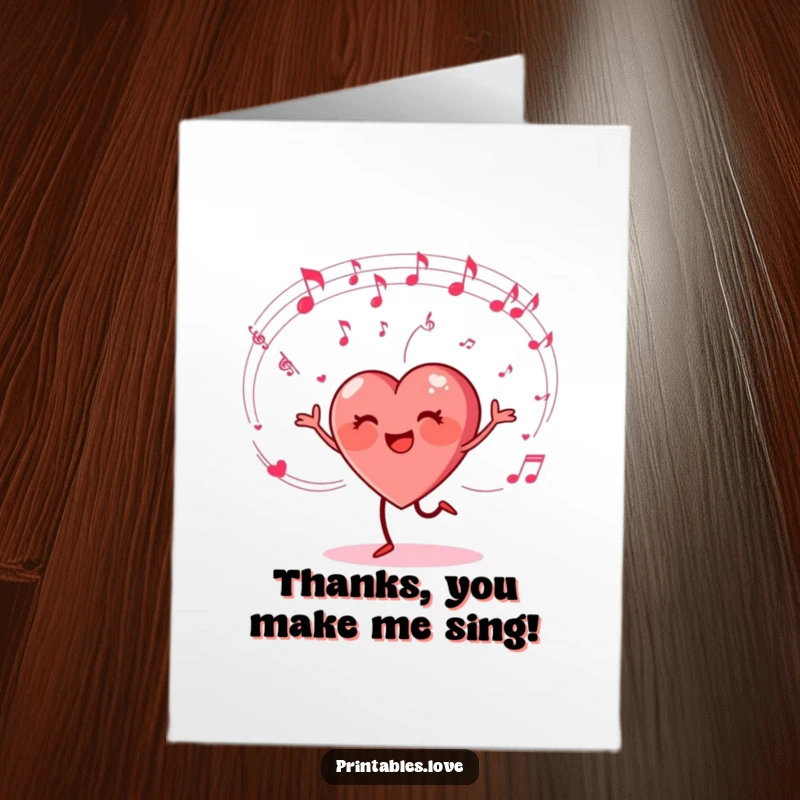 Funny Free Printable Dancing Heart Thank You Card: Heart character dances happily with musical notes, expressing thanks.
