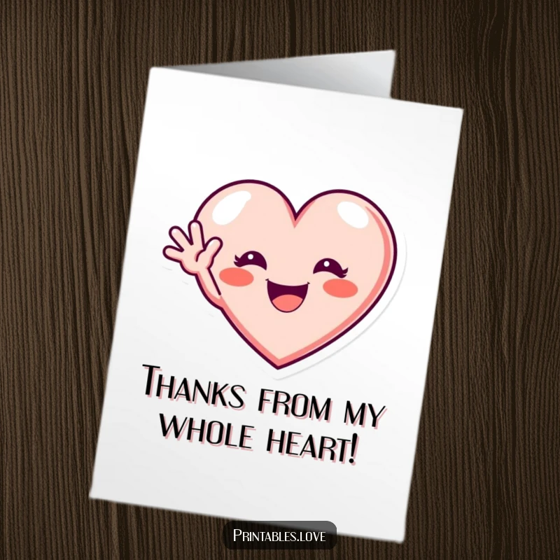 Funny free printable thank you card of a heart with a wide, excited grin, waving hello to express appreciation.