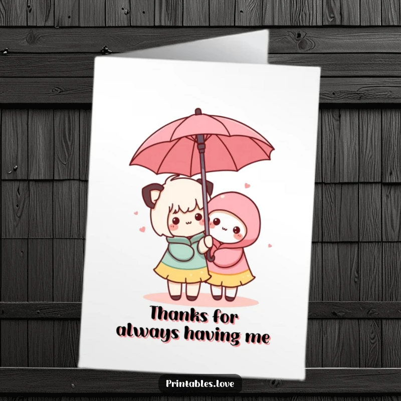 Funny free printable thank you card of two Kawaii characters sheltering together under one umbrella, conveying thanks.