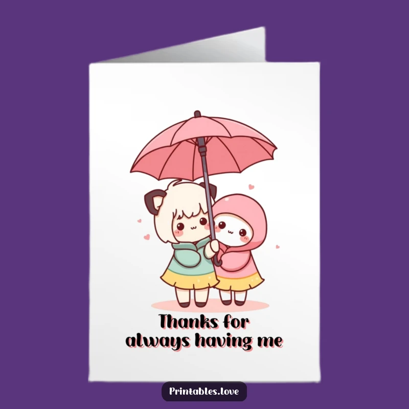 Free Printable Kawaii Friends Thank You Card - Gratitude Shared Under an Umbrella!