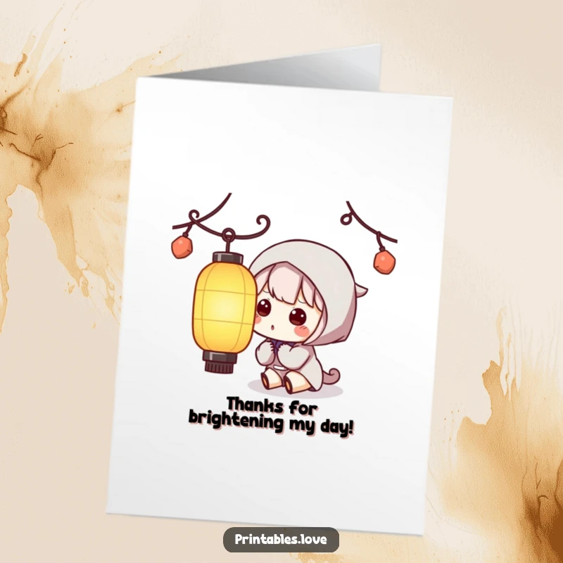 Funny free printable thank you card featuring a Kawaii character with curiosity gazing at a softly lit paper lantern.