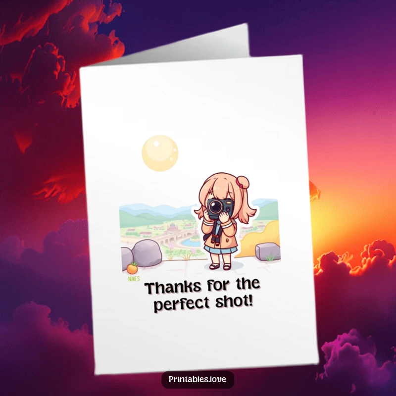 Funny free printable thank you card of a Kawaii character posing with a camera, ready to capture a scenic view.