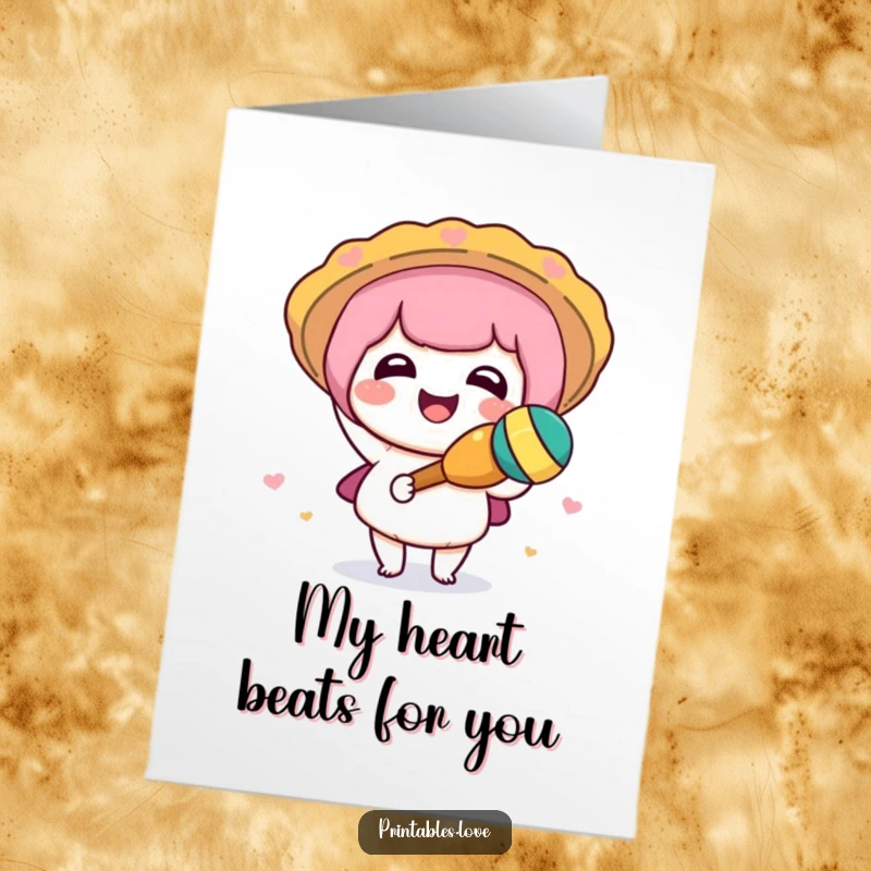 Funny Free Printable Thank You Card: Cute Kawaii character shaking a maraca, an expressive way to say thank you.