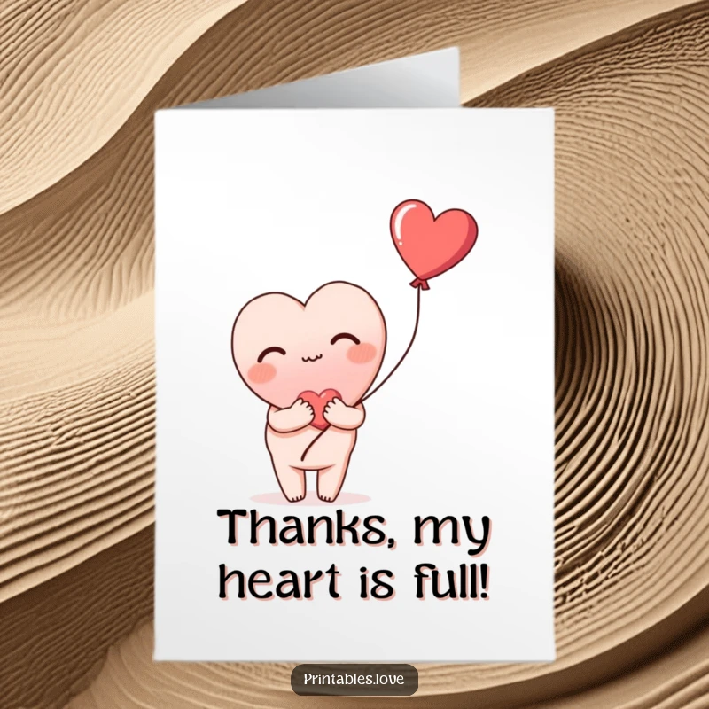Funny free printable thank you card of a heart blushing deeply and shyly holding a heart balloon, conveying thanks sweetly.