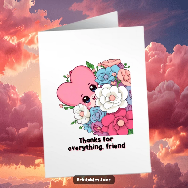 Funny Free Printable Thank You Card: a heart character peeks coyly from a giant bouquet, expressing heartfelt thanks with a humorous twist.