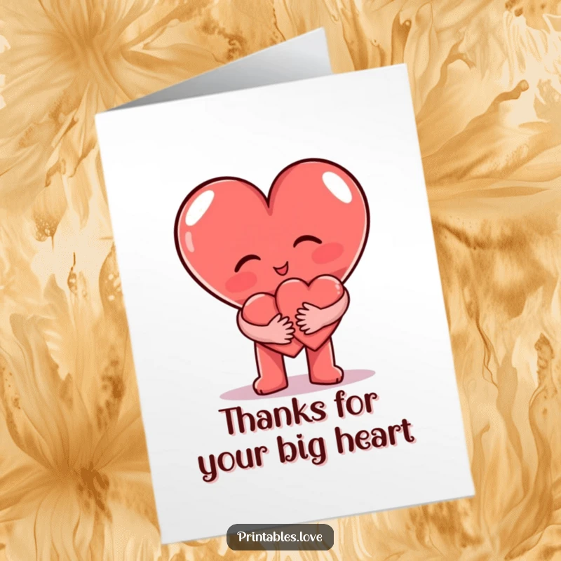 Funny Free Printable Thank You Card: A large heart character hugging a smaller heart character, conveying heartfelt thanks with humor.