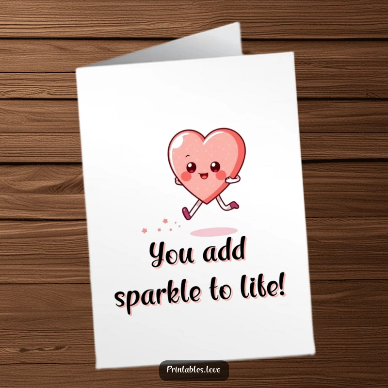 Funny Free Printable Thank You Card: A happy heart character skipping, leaving a gentle trail of sparkling magic.